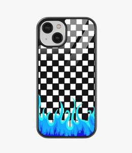 Checkered Blue Flame  Metal Case for iPhone 14