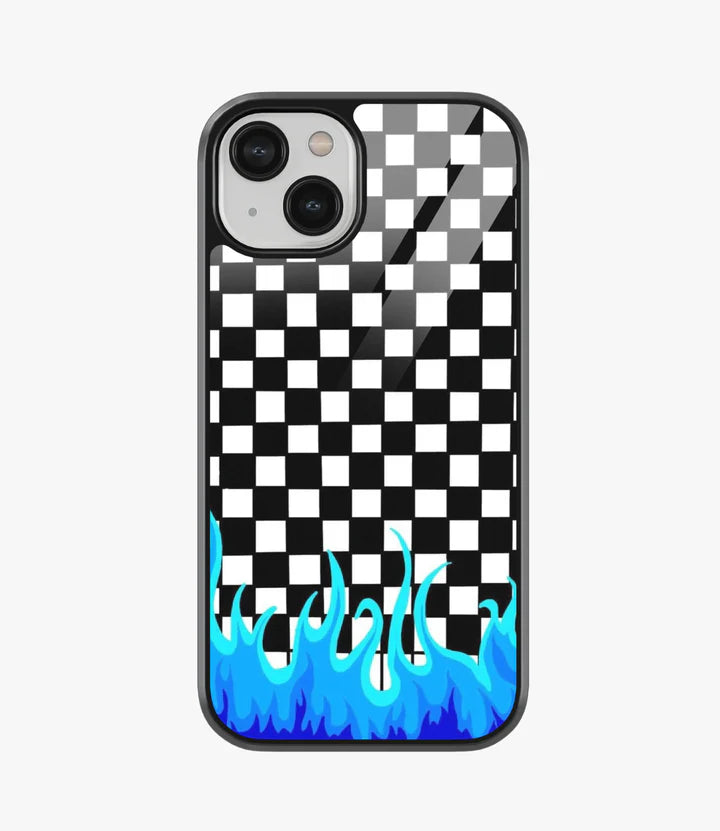 Checkered Blue Flame  Metal Case for iPhone 14